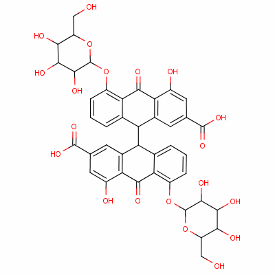 517-43-1 5,5'-bis(β-c-glucopyranosyloxy)-9,9',10,10'-tetrahydro-4,4'-dihydroxy-10,10'-dioxo[9,9'-bianthracene]-2,2'-dicarboxylic acid